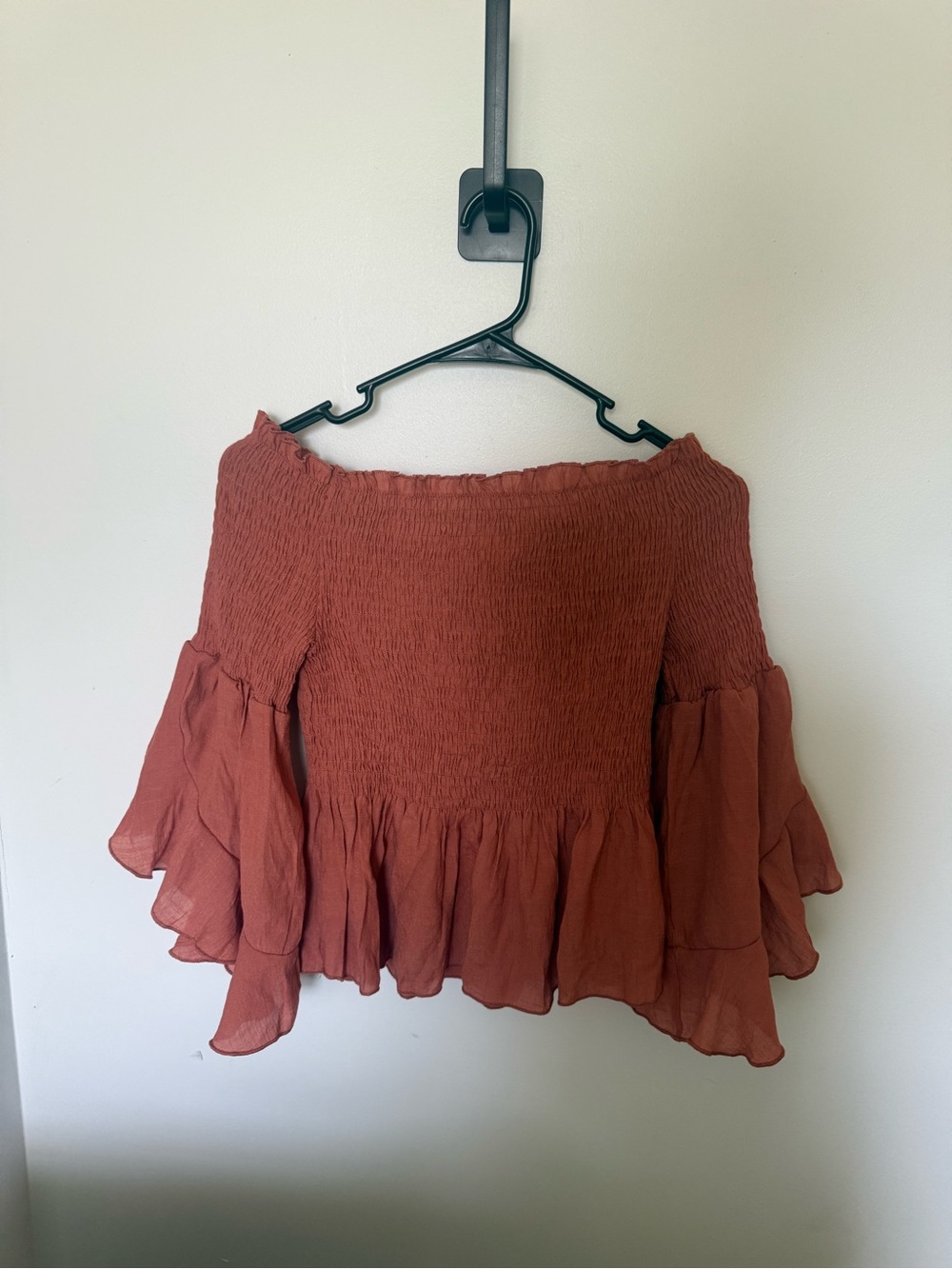 Off-Shoulder Ruffle Peasant Top in Rust